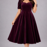 Burgundy Velvet Sweetheart Neck Puff Sleeve Swing Midi Dress