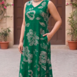 Emerald Green Floral Print Sleeveless V-Neck Pocket Midi Dress