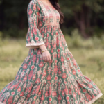 Green Ethnic Print Bell Sleeve Embroidered Tiered Maxi Dress