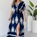 Navy Baroque Print V-Neck Kaftan Slit Maxi Dress