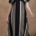 Black & Beige Geometric Stripe V-Neck Loose Midi Dress
