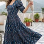 Navy Ethnic Printed Square Neck Tiered Midi Dress