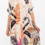 Cream Crane Tropical Leaf Print Loose Shirt Midi Dress
