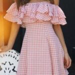 Pink Gingham Off Shoulder Double Ruffle A-Line Mini Dress