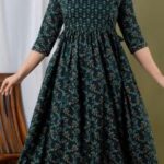 Dark Green Ethnic Floral Round Neck 3/4 Sleeve Gathered Waist Flared Midi Kurta Dress