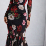 Black Rose Floral Square Neck Sheer Mesh Long Sleeve Mermaid Bodycon Midi Dress
