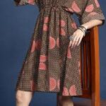 Brown Half-Circle Geometric Print Collared Drawstring Waist Shirt Mini Dress
