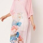 Light Pink Watercolor Floral V-Neck Batwing Sleeve Asymmetric Hem Kaftan Midi Dress
