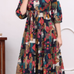 Dark Base Abstract Geometric Patchwork V-Neck Drawstring Tiered Maxi Dress