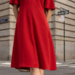 Bright Red Round Neck Flutter Short Sleeve Simple A-Line Midi Dress
