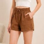 Coffee Ruffled Waist Drawstring Linen Casual Shorts