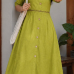 Lime Green V-Neck Button Down Lace Waist Cotton Midi Dress