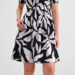 Black & White Leaf Print Off Shoulder Puff Sleeve A-Line Mini Dress