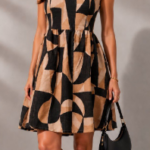 Khaki & Black Geometric Block Halter Neck Fit & Flare Mini Dress