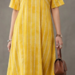 Bright Yellow V-Neck Vertical Embroidered Stripe Asymmetric Hem Midi Dress