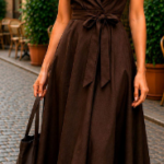 Dark Brown Sleeveless Lapel Wrap Tie Waist Full Swing Midi Dress