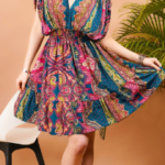 Multicolor Paisley V-Neck Batwing Sleeve Elastic Waist Boho Mini Dress