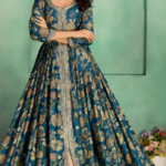 Peacock Blue Vintage Floral Round Neck 3/4 Sleeve Slit Anarkali Maxi Gown