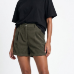 Olive Green Pleated Cuffed Hem Casual Chino Shorts