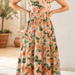 Peach Large Floral Spaghetti Strap Tiered Maxi Dress