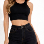 Black Rolled Cuff High Waist Denim Shorts