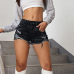 Black Distressed Frayed Hem Denim Hot Shorts
