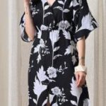 Black White Floral V-Neck Batwing Sleeve Waist Tie Slit Midi Dress