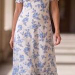 White Base Blue Ditsy Floral Square Neck Puff Sleeve Ruched Ruffle Midi Dress