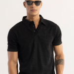 Black Self Design Polo Collar Slim Fit T-shirt