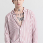 Mauve Colour & White Striped Classic Slim Fit Opaque Casual Shirt
