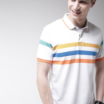 Men White Striped Polo Collar T-shirt