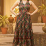 Dark Green Vintage Floral Print Sleeveless V-Neck Tiered Midi Dress
